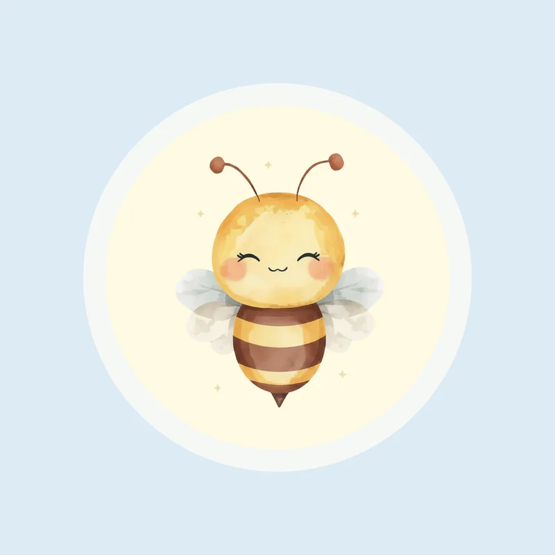 Abeille aquarellée souriante à côté d’un ballon bleu aquarelle, sur fond bleu layette