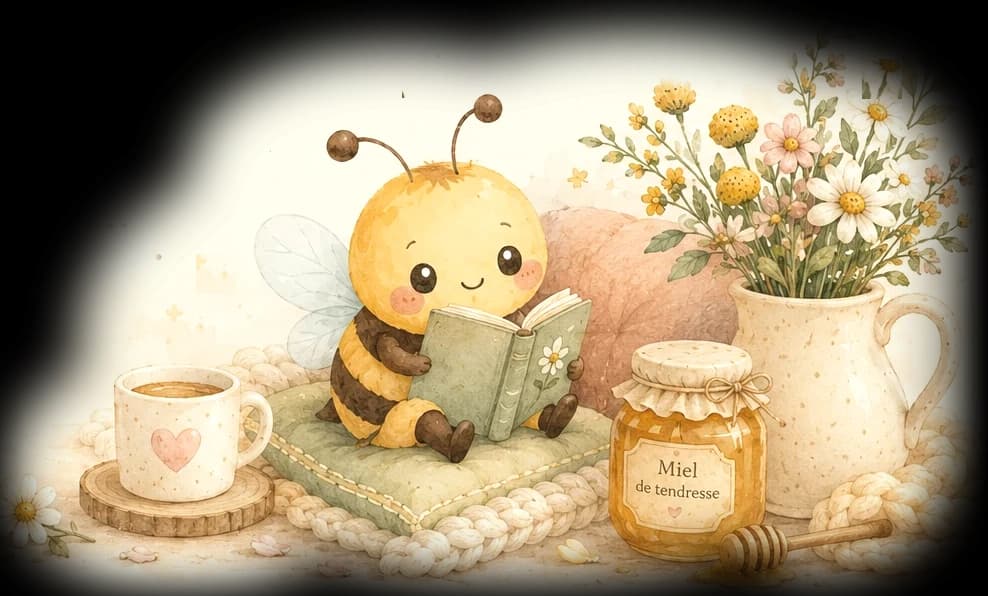 Mademoiselle l’Abeille lisant sur son coussin matelassé posé sur un plaid tricoté, près d’une tasse de thé fumante, d’un pot de miel de tendresse et d’un pichet de fleurs sauvages