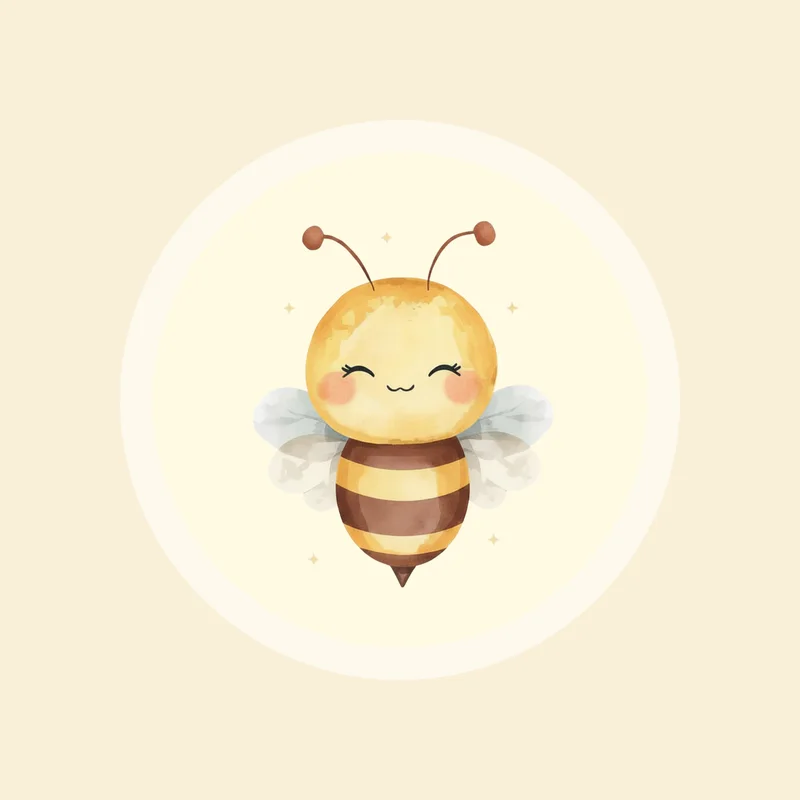 Abeille aquarellée souriante tenant un pot de miel avec une étiquette « Miel » et un prénom calligraphié