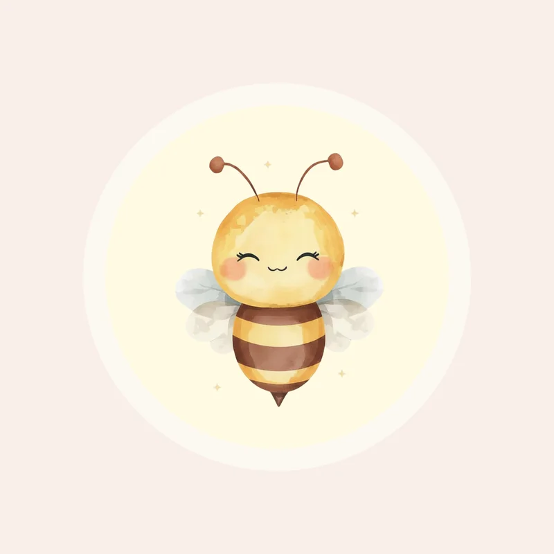 Petite abeille aquarellée debout, aux grands yeux curieux et joues roses, sur fond rose très pâle